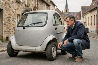 Homme inspectant une voiture sans permis d'occasion garée dans une rue résidentielle en Moselle