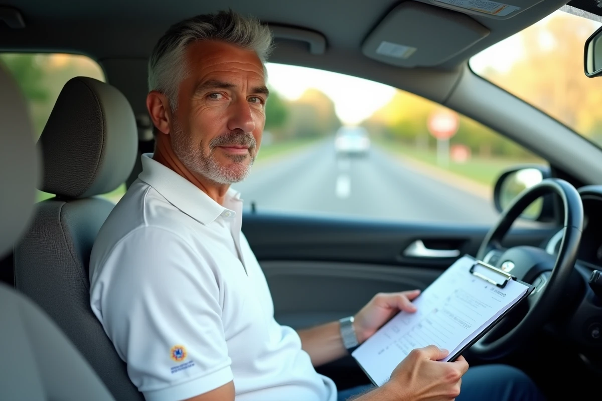 Instructeur de conduite tenant une grille d'évaluation dans une voiture pendant un examen