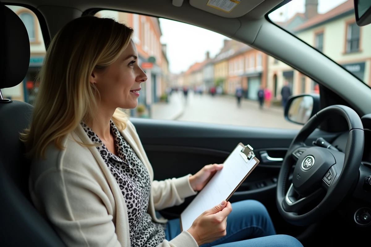Instructrice encourageant un jeune conducteur dans une voiture