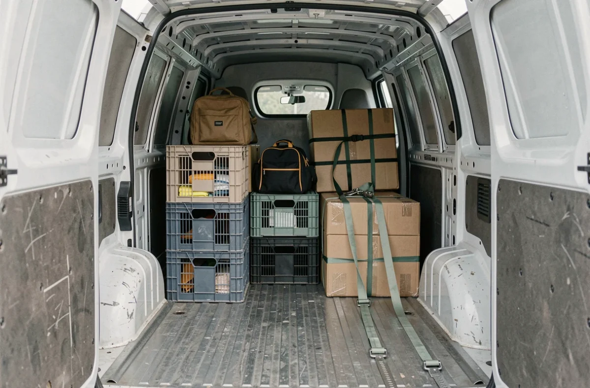 Intérieur du compartiment de chargement d'un utilitaire compact L1H1 organisé avec sangles et caisses