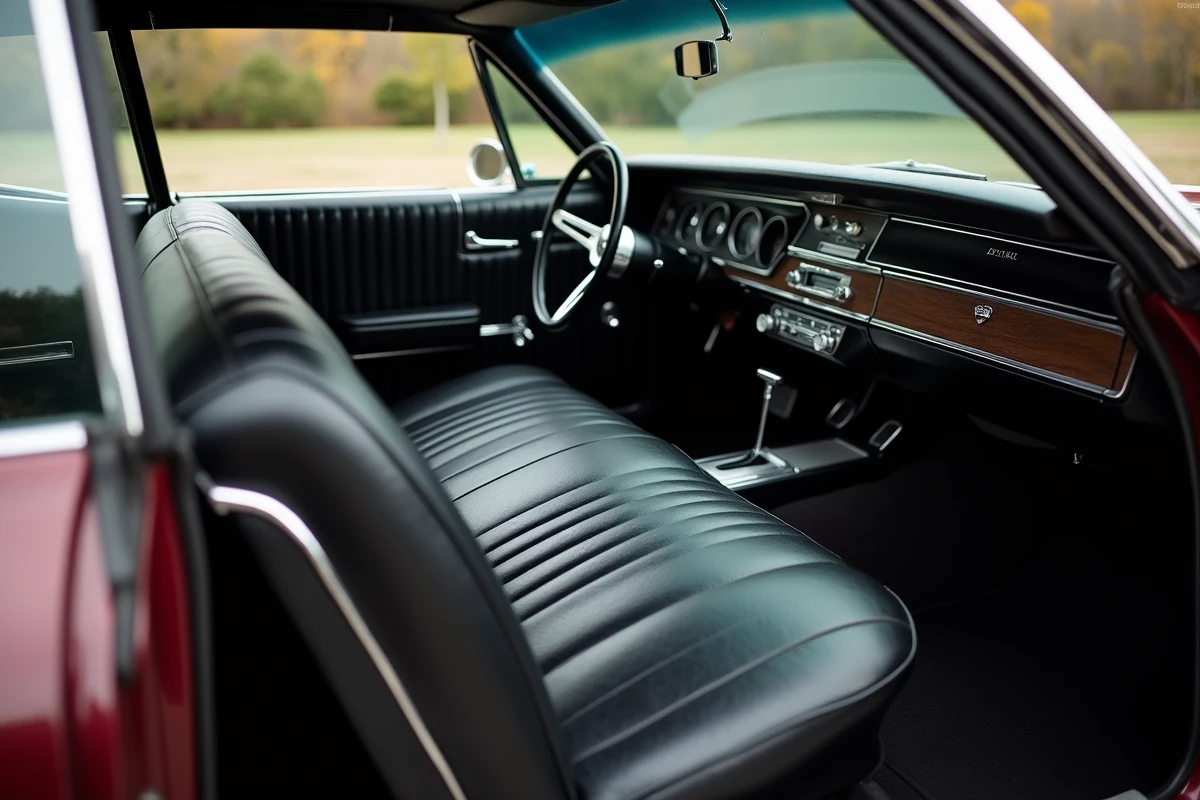 Intérieur original de la Chevrolet Impala 1967 4 portes avec siège banquette en vinyle noir, tableau de bord chromé et volant Bakelite