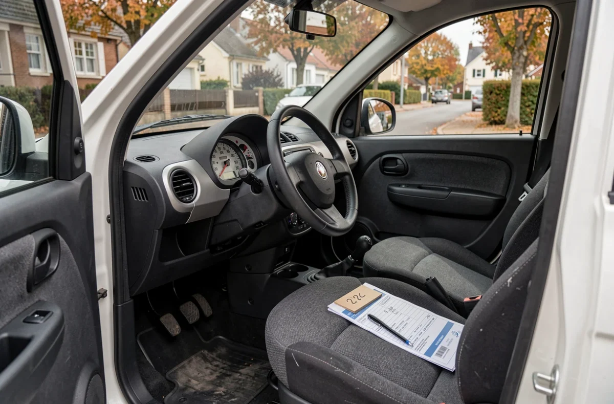 Intérieur d'une voiture sans permis d'occasion avec documents de vente sur le siège