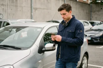 Jeune conducteur de 20 ans tenant ses clés de voiture devant une citadine argentée dans un parking urbain