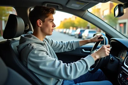 Jeune conducteur concentré au volant d'une voiture moderne