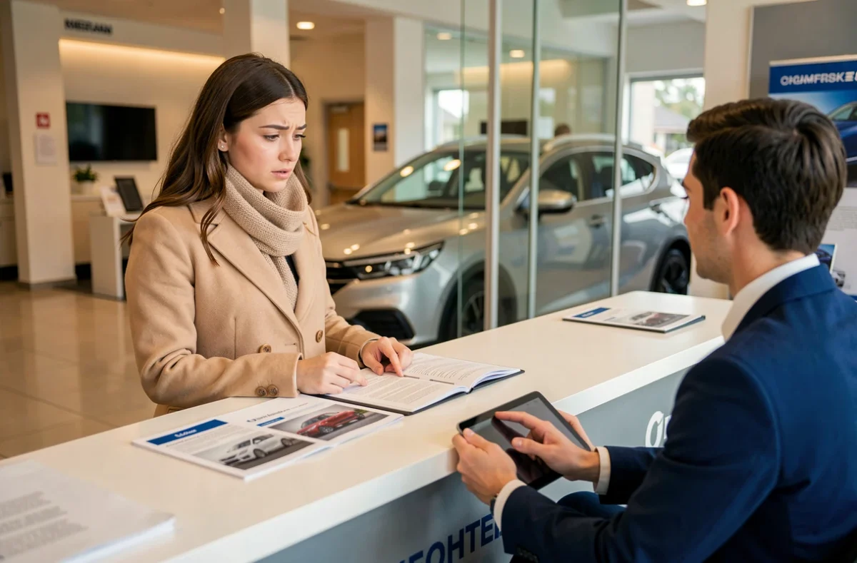 Jeune conductrice en concession automobile en train de discuter du prix de son assurance auto avec un conseiller