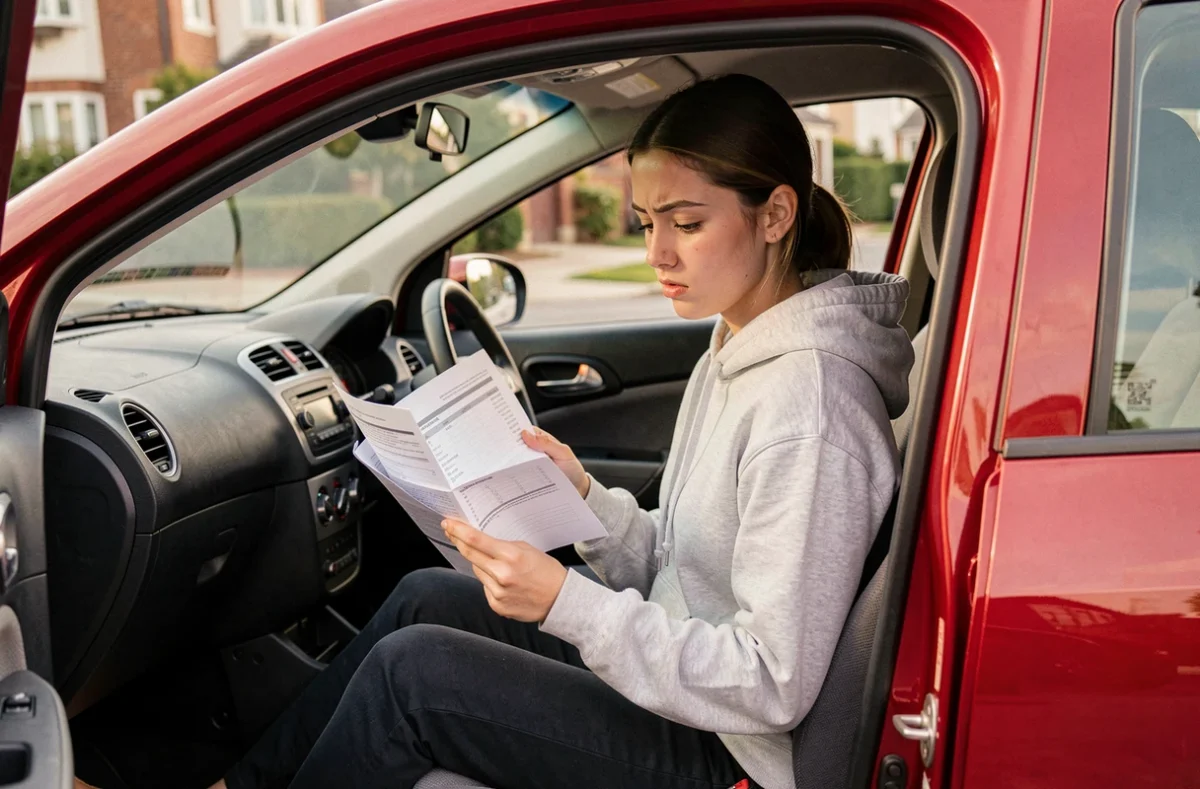 Jeune femme conductrice assise dans sa voiture rouge en train de consulter un document d'assurance automobile