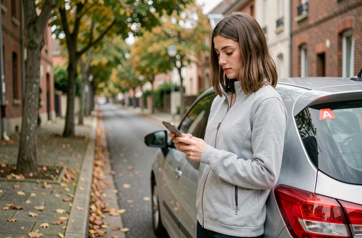 Jeune conductrice en période probatoire debout près de sa voiture avec autocollant A, consultant son téléphone sur une rue résidentielle