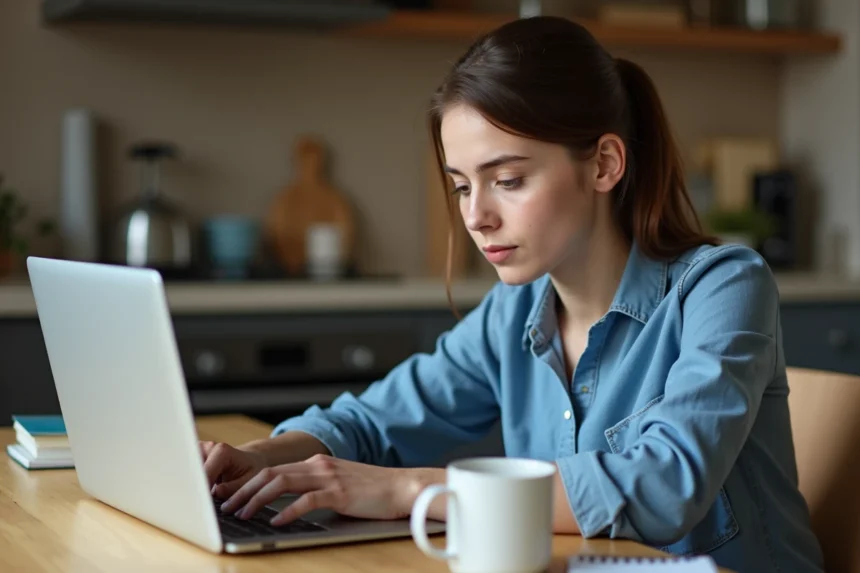 Jeune femme concentrée utilisant un ordinateur portable à la maison