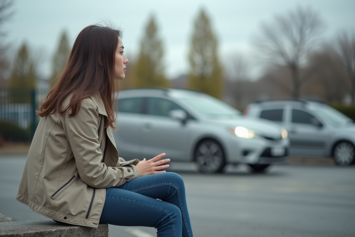 Jeune femme assise pensivement dans un parking suburbain