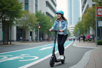 Jeune femme en scooter électrique dans la ville