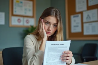 Jeune femme nerveuse avec document permis à l'école de conduite