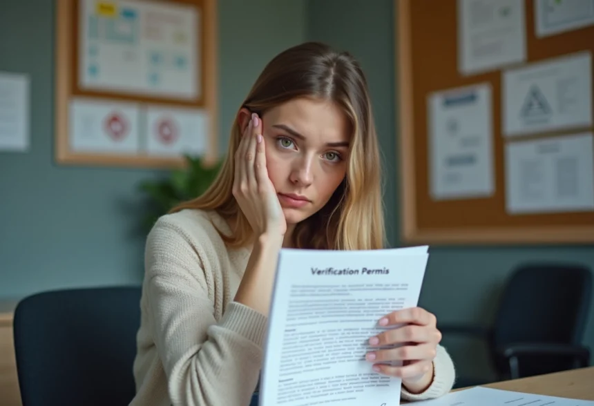 Jeune femme nerveuse avec document permis à l'école de conduite