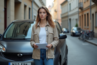 Jeune femme avec voiture compacte en ville