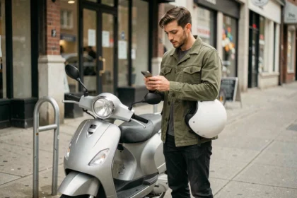 Jeune homme comparant des offres d'assurance scooter 125 sur son téléphone en milieu urbain