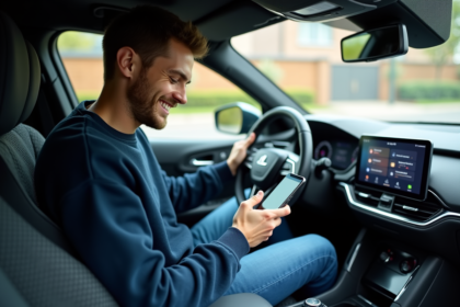 Jeune homme souriant connecte son smartphone a la voiture
