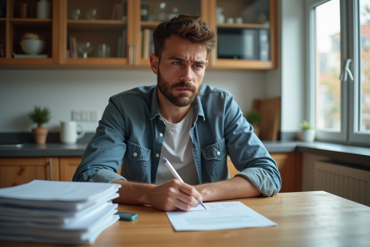 Jeune homme remplissant un formulaire 48SI dans sa cuisine