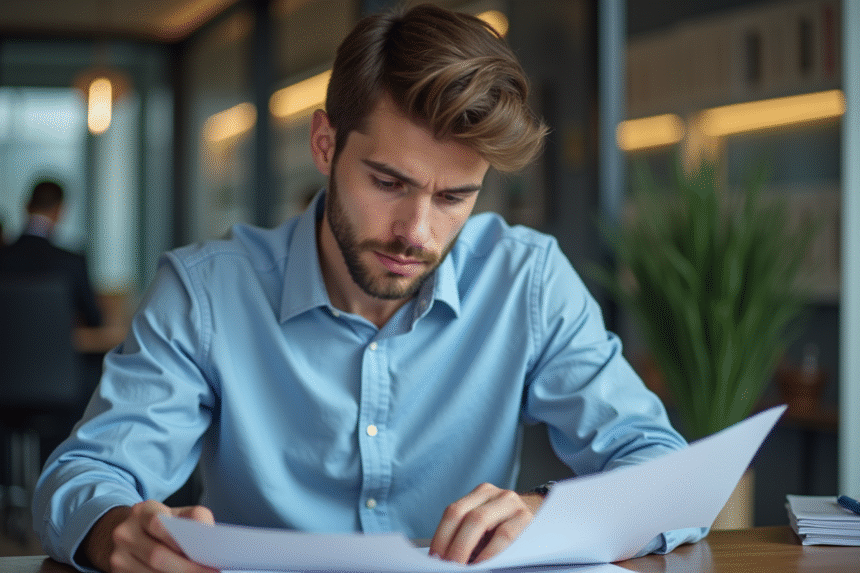 Jeune homme en bureau lisant documents juridiques