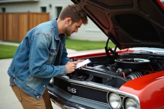 Jeune homme inspectant un moteur de voiture vintage 1969