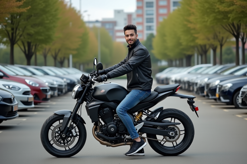 Jeune homme en textile moto avec une moto 600cc en parking