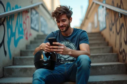 Jeune homme en ville avec casque et téléphone