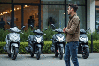 Jeune homme examine des motos 125cc en concession