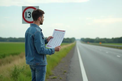 Jeune homme avec panneau vitesse 130 kmh en campagne
