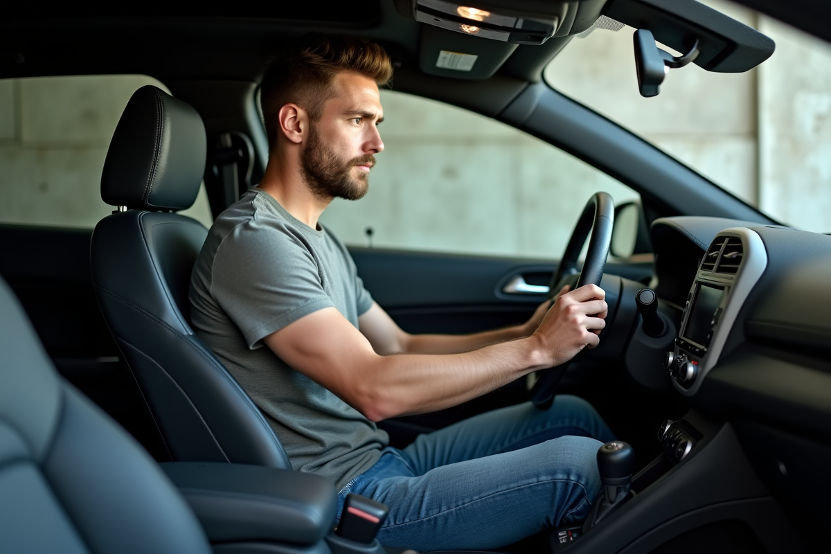 Jeune homme ajustant le siège dans un garage