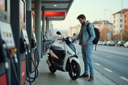 Jeune homme avec scooter à la station essence