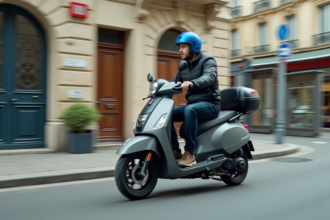 Jeune homme en scooter dans une rue parisienne