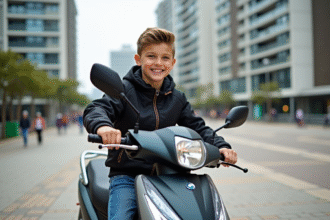 Jeune garçon en scooter en ville avec bâtiments modernes