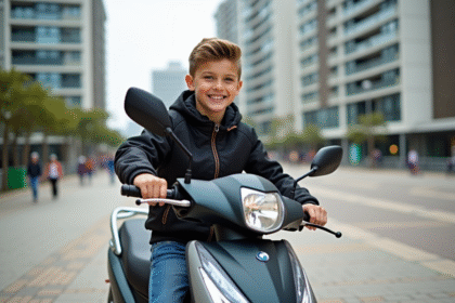 Jeune garçon en scooter en ville avec bâtiments modernes