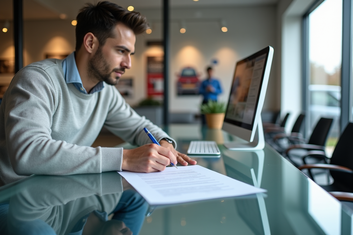 Jeune homme signe documents d