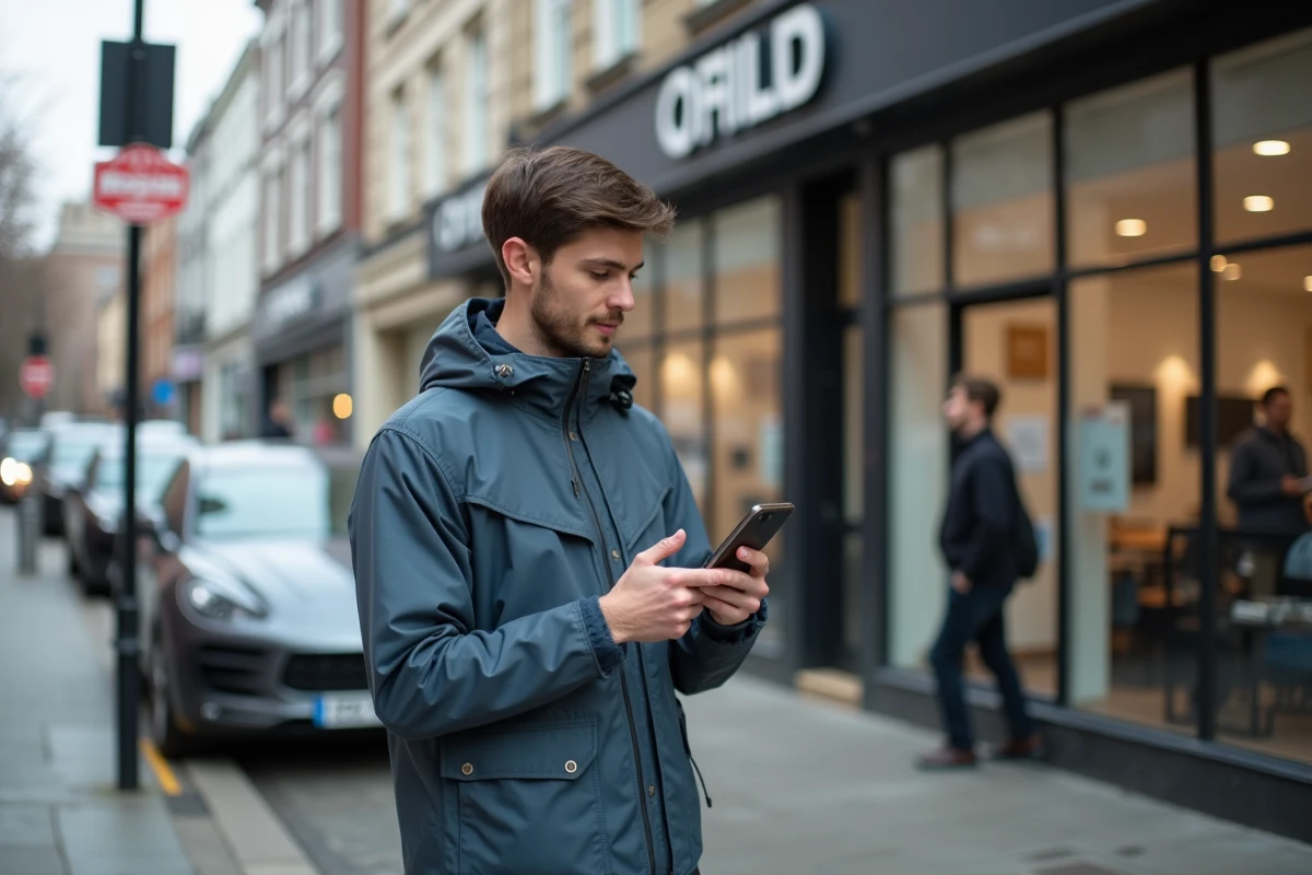 Jeune homme vérifie deals auto sur smartphone dans la rue