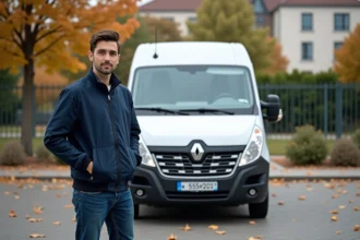 Jeune homme à côté d'une camionnette blanche en banlieue