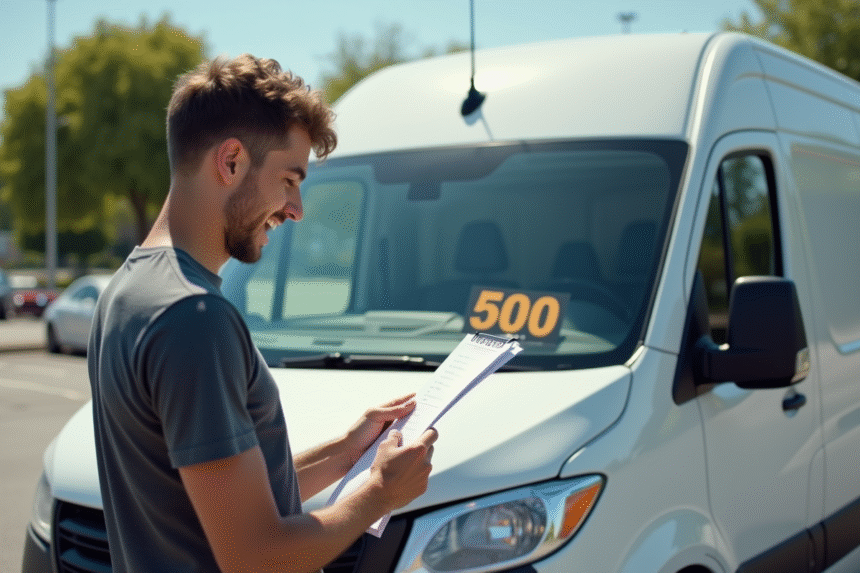 Jeune homme inspectant une voiture d'occasion blanche en parking