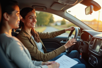 Adolescent souriant avec parent dans une voiture moderne