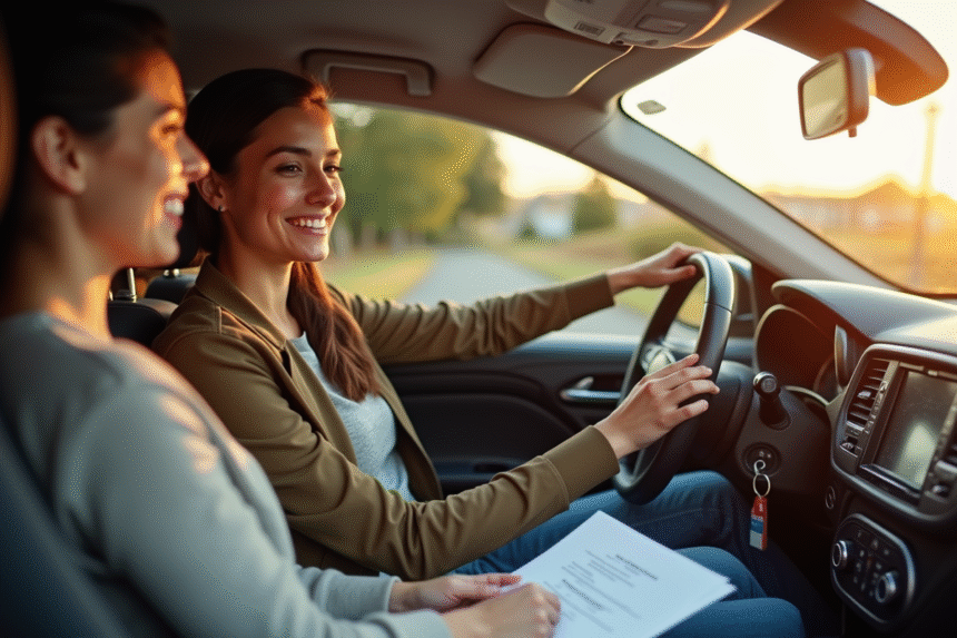 Adolescent souriant avec parent dans une voiture moderne