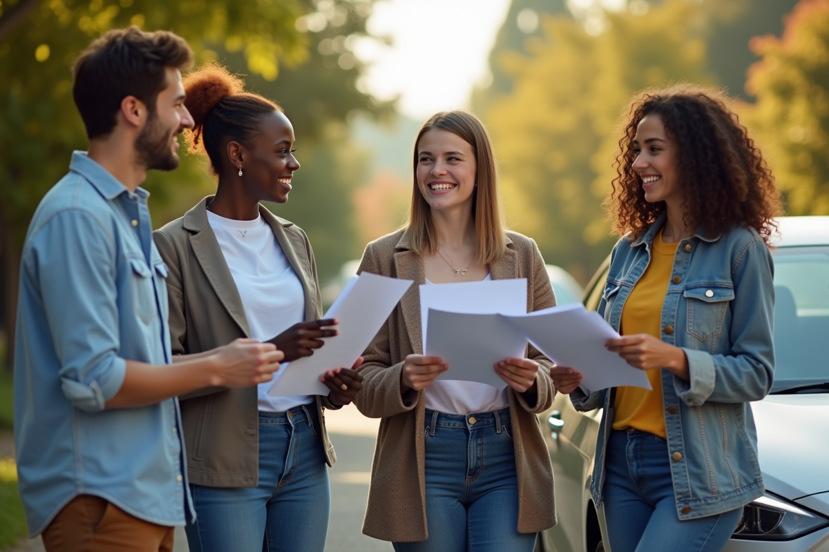 Groupe de jeunes discutant assurance voiture devant leurs véhicules