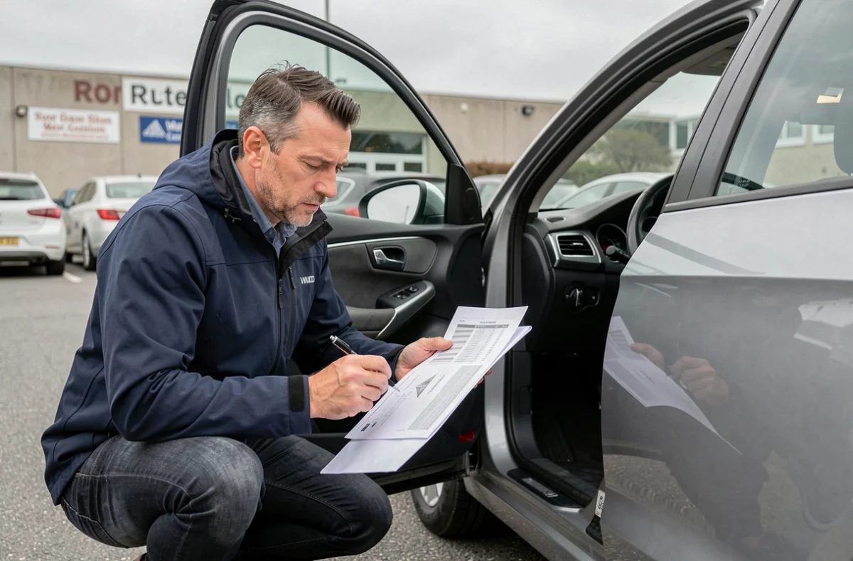 Journaliste automobile analysant les données techniques du moteur BlueHDi 130 à côté d'un véhicule compact