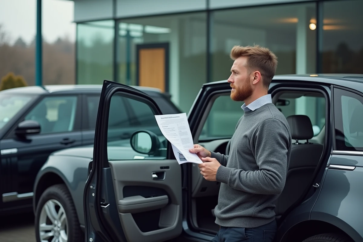 Journaliste automobile consultant une fiche technique de puissance en kilowatts et chevaux devant un SUV dans un showroom