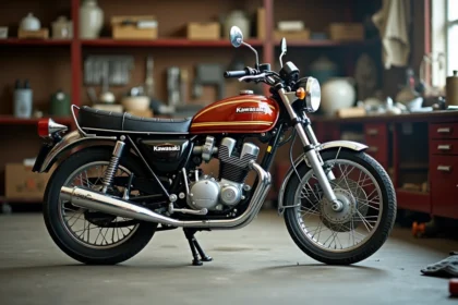 Kawasaki KZ 400 vintage désassemblée dans un atelier mécanique avec pièces d'origine posées sur un établi en acier