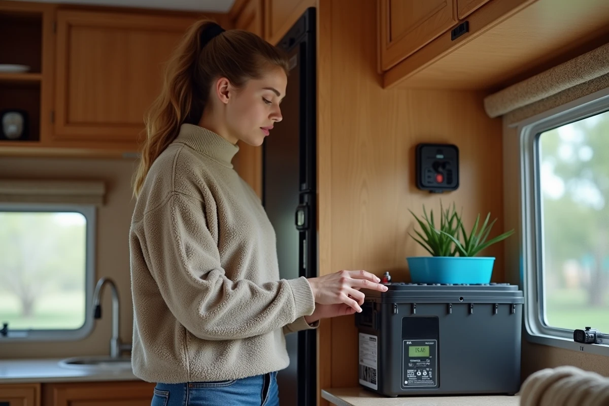 Jeune femme lisant un affichage d’inverseur dans un camping-car