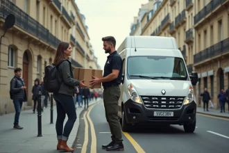 Livreur déposant un colis sur une place de livraison à pointillés jaunes dans une rue parisienne avec façades haussmanniennes