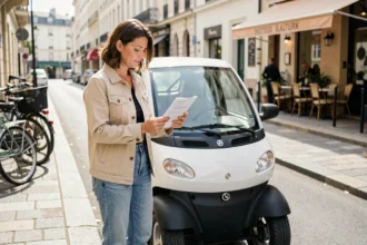 Femme examinant un contrat de location de voiture sans permis dans une rue urbaine