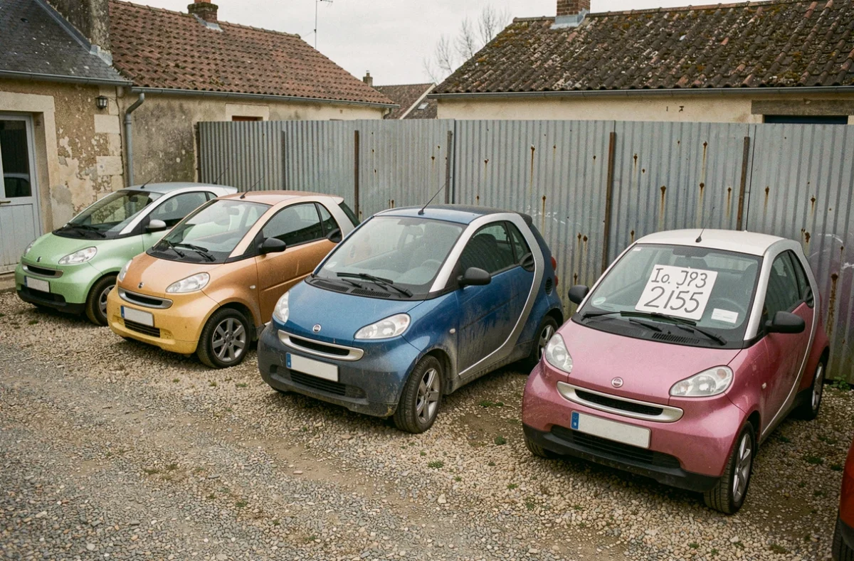 Petit lot de vente de voitures sans permis d'occasion dans une ville de province française avec panneaux de prix sur les pare-brises