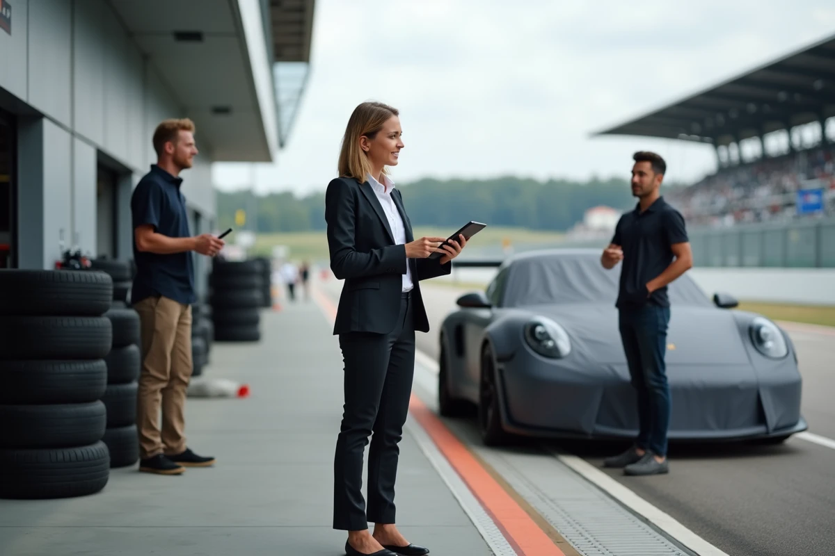 Jeune femme marketing dans la pit lane de course
