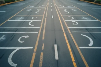 Vue aérienne d'un parking extérieur avec marquage au sol blanc et jaune bien délimité sur asphalte gris