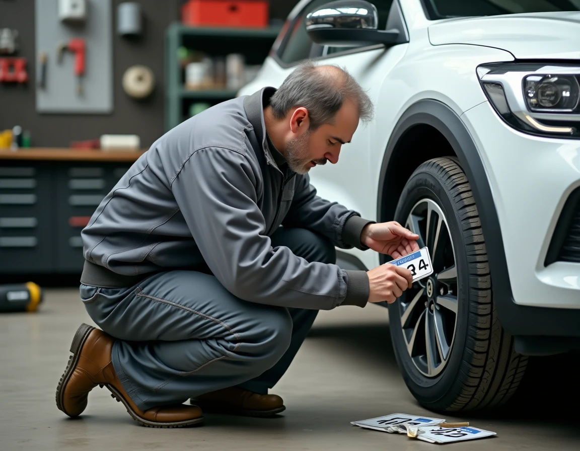 Mécanicien comparant deux plaques d'immatriculation françaises dans un atelier automobile de banlieue
