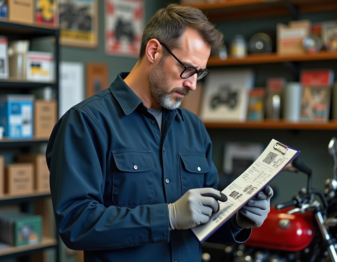 Mécanicien moto consultant une fiche de compatibilité pour des pièces détachées Honda CB 900 Boldor dans une boutique spécialisée