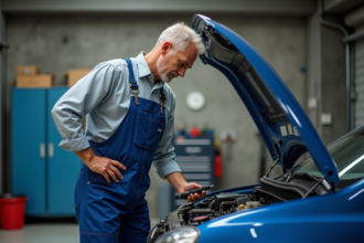 Mécanicien en overalls bleu inspectant un moteur Renault 1,5 dCi